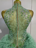Women Birthday Party Costume Bar Nightclub Singer Sexy Stage Performance Outfit Sparkly Green Diamonds Mesh See Through Bodysuit