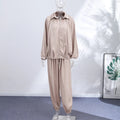 Casual Loose Coats Pants Set Women Full Sleeve Lapel Zippers Solid Coat Long Straight Pleated Pant Sets 2026 Autumn Lady Suit