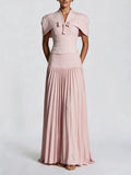 Chic Pink 3 Piece Set for Women Beaded Bow Cape Sleeve Strapless Corset Top High Waist Pleated Floor Length Skirt for Party