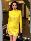 Fashion Women's Heavy Industry Diamond Two Piece Set Short Long Sleeve Tops Wrapped Hip Mini Skirt Female Outfit