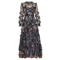 Patchworl Edible Tree Fungus Floral Dresses For Women Round Neck Long Sleeve High Waist Temperament Folds Mesh Dress Female