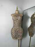 Sparkly Colorful Diamond Sexy Black Sheer See Through Dress Girls Mini Short Prom Dress Birthday Party Club Performance Dress