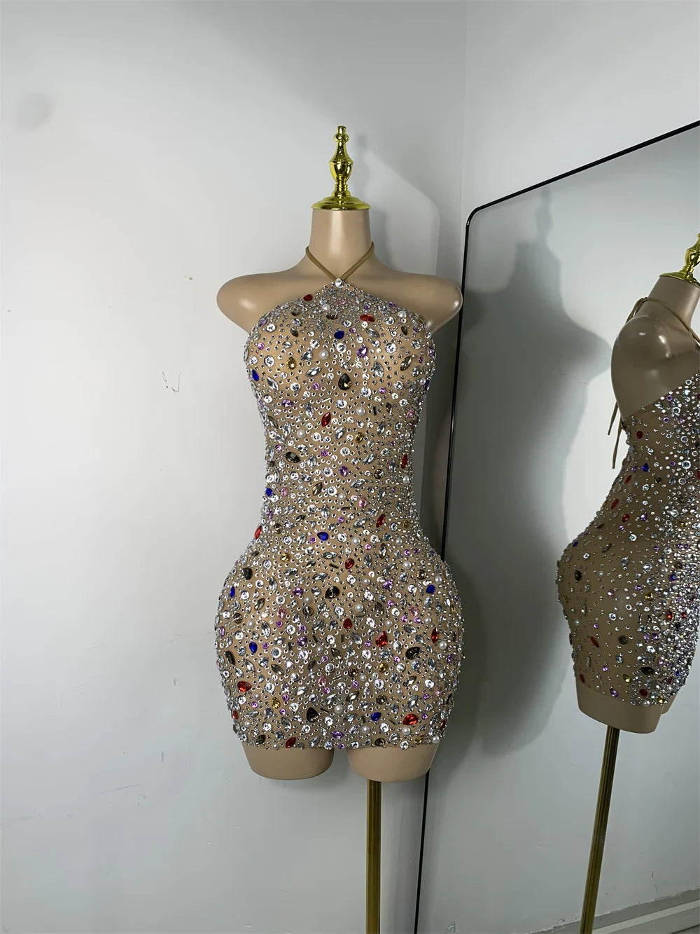 Sparkly Colorful Diamond Sexy Black Sheer See Through Dress Girls Mini Short Prom Dress Birthday Party Club Performance Dress