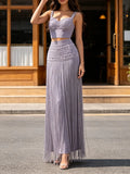 Glam Rhinestone Fringe 2 Piece Set for Women Sweetheart Neck Crop Cami Top High Waist Floor Length Skirt for Evening Party