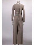 Solid Two Piece Set for Women Slash Neck Irregular Hem Long Sleeve Top High Waist Straight Pant Casual Suit Female
