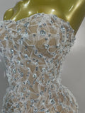 Women Sparkly Rhinestones Sexy Strapless Mesh See Through Mini Dress Birthday Party Evening Cocktail Dress Nightclub Stage Wear