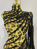 Women One Shoulder Latin Dance Outfits Sexy Leopard Print Sparkly Diamond Tassel See-Through Dress Nightclub Party Stage Costume