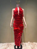 Elegant 3D Flower Applique Halter Maxi Dress Sexy Off Shoulder Backless Ruffled Bodycon Bandage Celebrity Evening Party Gowns
