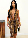 Sexy Backless Playsuit Woman Summer Trend Serpentine Print Halter Low-Neck Skinny Stretch Midnight Club Party Rompers