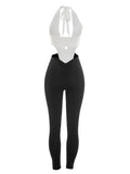 Sexy Halter Jumpsuit Women Summer V-Neck Backless Patchwork Peach-Shaped Butt Elastic Tight Birthday Party Overalls
