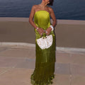Ladies Strapless Fringe Maxi Gown Tiered Asymmetrical Sleeveless Slim Robe Summer Beach Club Cocktail 2026 New Chic Hot Vestidos