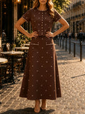 Elegant Beaded Two Piece Set for Women Round Neck Short Sleeve Cropped Top A Line Maxi Skirt for Office Daily Party Suit