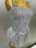 Sparkly Silver Rhinestones Pearl Tassels Bodysuit 2025 New Women Sexy Eveing Birthday Party Nightclub Stage Performance Costume