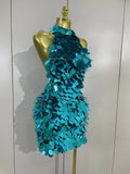 Women Celebrate Eveing Party Club Luxury Birthday Nightclub Stage Wear Sexy Shiny Round Sequins Halter Backless Mesh Mini Dress
