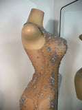Women Sexy Sleeveless Rhinestones Chic Evening Gown Mesh See Through Performance Dance Costume Singer Stage Wear