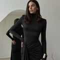 Elegant Turtleneck Curvy Brown Dress Women's Sexy Long Sleeve Shoulder Pad Party Evening Tight Elastic Dresses Winter New Black
