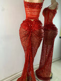 Sparkly Red Rhinestones Sequins Alluring See Through 2 Piece Maxi Dress 2025 Women's Evening Birthday Party Stage Show Outfit