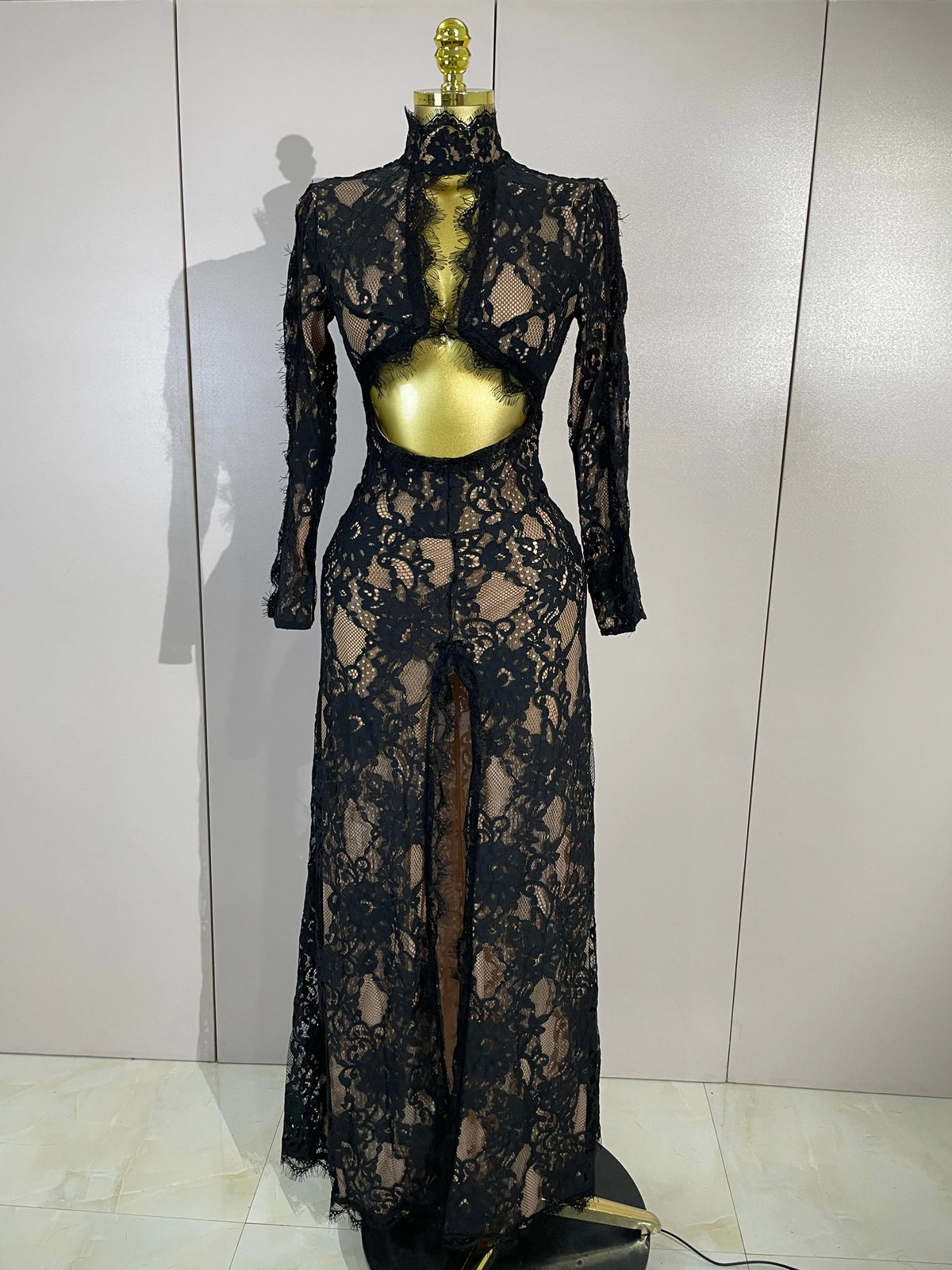 Women Long Sleeve Evening Party Club Bar Birthday Celebrity Gowns Sexy White Lace High Neck Hollow Out Design Bodycon Long Dress