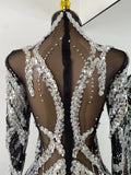 Sparkly Sequins Rhinestones Women Sexy Black Mesh See Through Long Sleeve Party Nightclub Performance Costume Stage Wear
