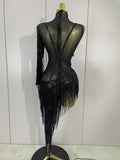 Sparkly Rhinestones Tassel Sexy See-Through Dress Women One Shoulder Latin Dance Outfits Bars Nightclub Party Stage Costume