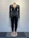 Sparkle Black Rhinestone Long Pants Jumpsuits Womens Autumn Long Sleeve Crystal Rompers Nightclub Outfits Clubwear