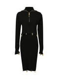 Fashion Spliced Metal Pin Two Piece Set for Women Stand Collar Long Sleeve Pullvers Mid Waist Bodycon Knee Skirt Suit Female