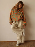 Fashion Floral Faux Lambswool Sweatshirt Women's Casual Zipper Pocket Loose Pullover Sweatshirt Autumn Festive Clothing