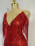 Sexy Sparkly Red Diamonds Tassel Mesh See Through Long Dress Women Eveing Birthday Party Nightclub Singer Stage PhotoShoot Wear