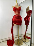 Sparkly Red Diamonds Asymmetrical Two Pieces Dress Design 2025 Women Sexy Strapless Top Skirt Suits Dance Performance Outfit