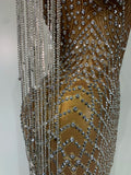 Luxury Sparkly Rhinestones Tassel Transparent Mesh Stretch Long Dress Women Evening Celebrate Birthday Dress Sexy Stage Costumes