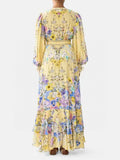 Yellow Floral Print Puff Sleeve Maxi Dress for Women Deep V Neck High Waist Asymmetrical Ruffle Hem Skirt for Garden Parties