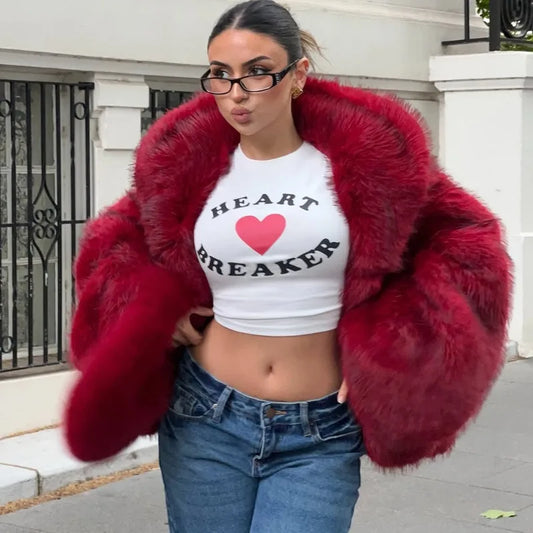 Women Fur Coat Women 2025 Plush Red Bomber Jacket Solid Crop Long Sleeve Jacket Warm Winter Coats Female Casual Coats