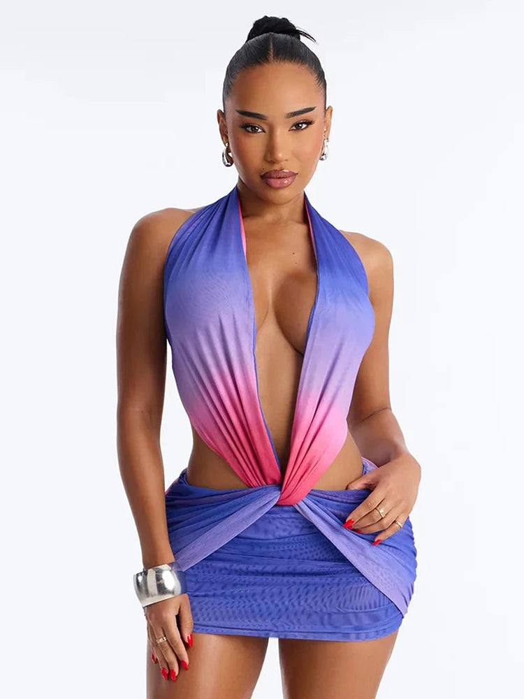 Colorful Gradient Print Dress Women Backless Sleeveless Halter Deep v-Neck Mesh Folds Summer Fashion Mini Bodycon