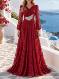 Fashion V Neck Lace Long Puff Sleeve Floor Length Dress for Women Ruched Waist Rhinestone Decoration for Banquet Gala Event