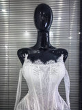 Red White Women Sexy Strapless Lace Bodycon Mini Dress With Gloves Celebrate Nightclub Party Birthday Photoshoot Wear