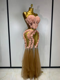 Women Sexy Strapless Flower Sheer Two Pieces Set Bodycon Nightclub Evening Party Birthday Singer Stage PerformanceOutfit