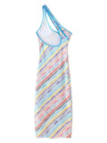 Colorful Print Dresses for Women Diagonal Collar Spliced Hollow Out Sleeveless High Waist Split Dress Female Autumn