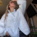 Fuzzy Sequin Zipper Women Cardigan Stand Collar Long Sleeve Loose Knitted Jacket Oversized Sequined Furry Knit Casual Winter Top