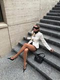 White Contrast Faux Leather Collar Blazer Women Buckle Belt Waist Slim Fit Long Sleeve Stand Neck Ins Party Fashion Outerwear