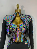 Women Long Sleeve Sequin Mini Bodycon Three Piece Set Birthday Evening Party Costume Bar Nightclub Performance Stage Outfit
