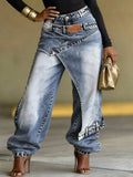Women High Waist Wide Leg Jeans Layered Washed Asymmetrical Hip Hop Streetwear Summer
