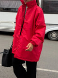 Red Oversized Puffer Jacket Stand Collar Single-breasted Elastic Cuff Loose Warm Winter Coat Casual Women Street Outerwear 2026