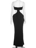 Elegant Hollow Dress Women Solid Patchwork Sleeveless Backless Ruched Stretch Gown Midnight Prom Party Long Bodycon