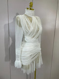 Elegant White High Collar Long Sleeve Solid Mesh Sexy See Through Ruffle Mini Dress Women Evening Club Party Birthday Dresses