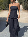American Retro Two Piece Set for Women Strapless Sleeveless Tank Tops High Waist Wide Leg Pants Denim Suit Female
