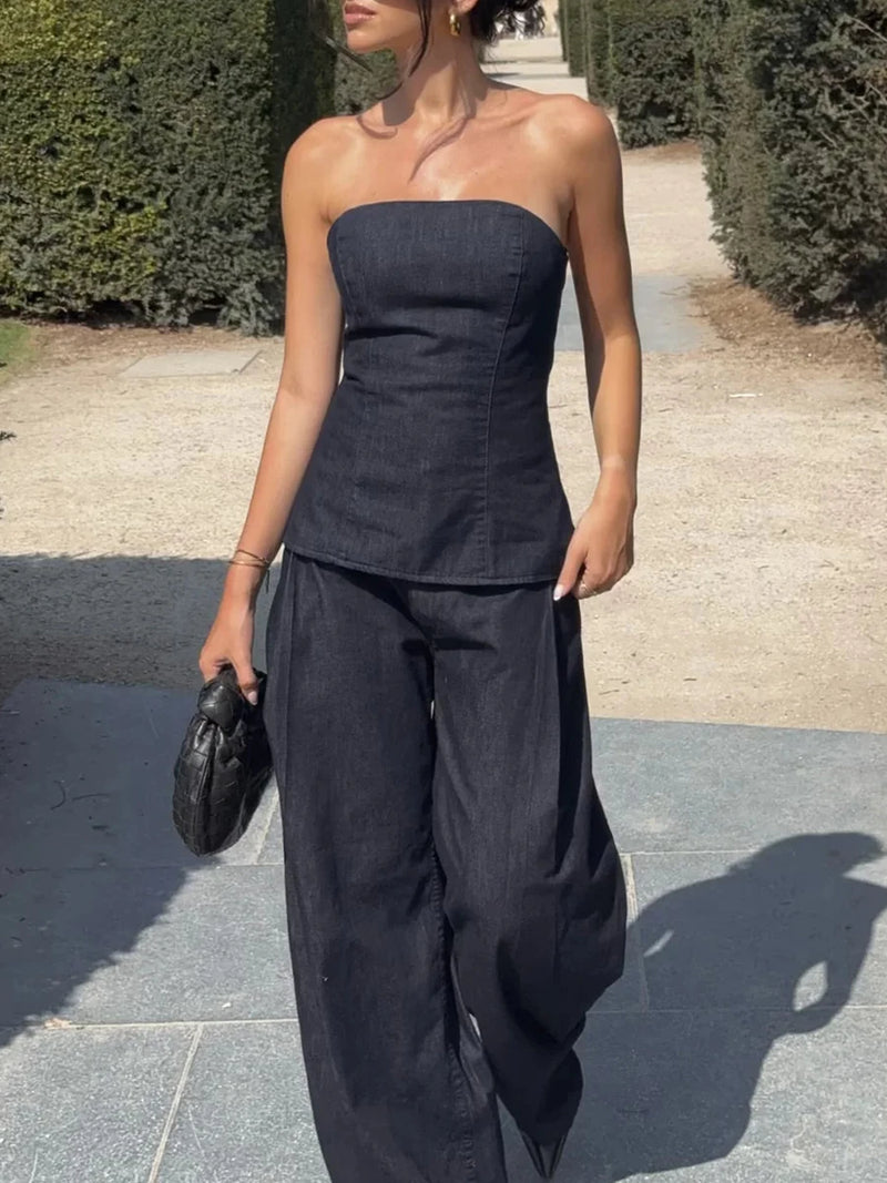 American Retro Two Piece Set for Women Strapless Sleeveless Tank Tops High Waist Wide Leg Pants Denim Suit Female