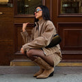 Collar Zip Cropped Women 2pcs Suede Matching Set Oversized Long Sleeve Jacket Belt Detail Mini Skirt Two Piece Sets Daily Jacket
