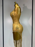 Sparkly Crystal Diamond Gold Sexy See-Through Sheath Dress Nightclub Performance Custome Stage Wear Birthday Evening Party Dress