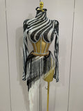 New Shiny Diamond Sequin Tassels Sexy Mesh Long Sleeved Two Piece Set Women Evening Birthday Party Nightclub Stage Costume