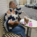 Fashion Striped Sweater Cardigan With Scarf Female Loose Thin Hollow Knitted Top Lantern Sleeve Contrast Color Retro Top
